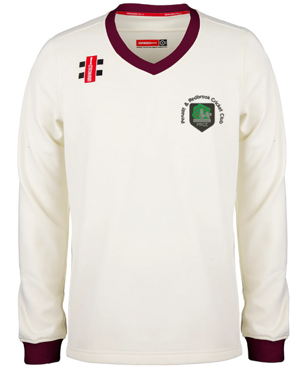 A long-sleeved, cream Gray Nicolls Pro Performance sweater for Penallt & Redbrook CC featuring a maroon V-neck trim, club badge, small black-and-white flag, and red sponsor patch on the chest.