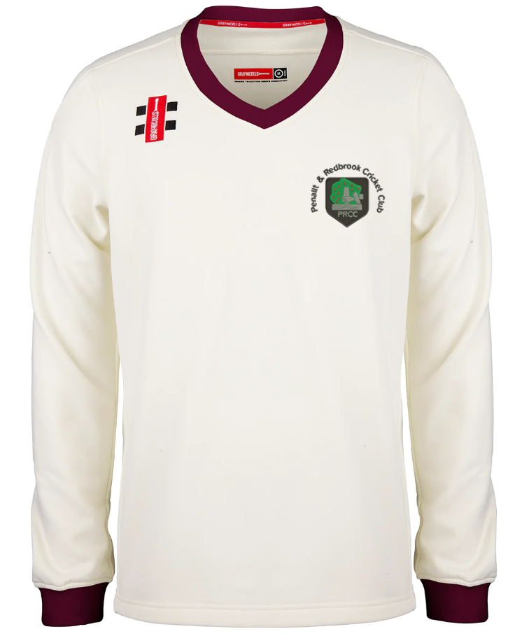 A long-sleeved, cream Gray Nicolls Pro Performance sweater for Penallt & Redbrook CC featuring a maroon V-neck trim, club badge, small black-and-white flag, and red sponsor patch on the chest.