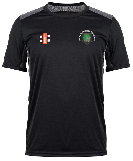 The Gray Nicolls Penallt & Redbrook CC Pro Performance T-Shirt is black with grey shoulder panels, featuring a red/white logo on the right chest and a green/white emblem with text on the left. Made from fast-drying fabric for all-day comfort.