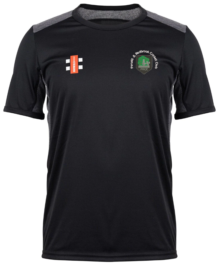 The Gray Nicolls Penallt & Redbrook CC Pro Performance T-Shirt is black with grey shoulder panels, featuring a red/white logo on the right chest and a green/white emblem with text on the left. Made from fast-drying fabric for all-day comfort.