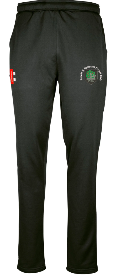 The Gray Nicolls Penallt & Redbrook CC Pro Performance Training Trousers feature an elastic waistband, a red and white logo on the right thigh, and a circular embroidered badge with green emblem on the left. Designed for superior moisture management.