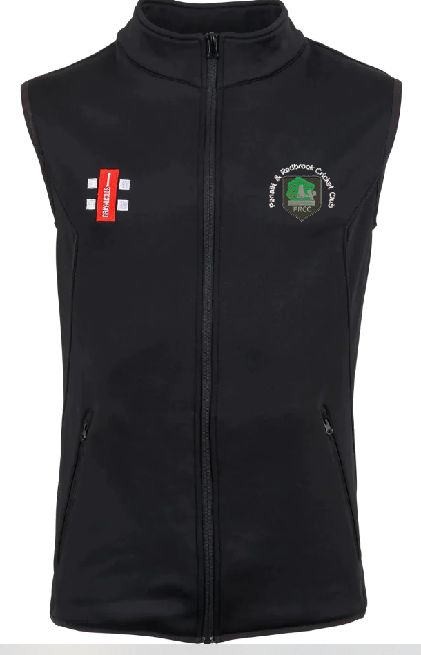 The Penallt & Redbrook CC Black Storm Bodywarmer by Gray Nicolls is a sleeveless black cricket bodywarmer with a front zipper, featuring the club logo on the left chest and a small England flag emblem on the right chest.