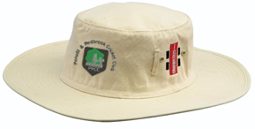 The Penallt & Redbrook CC Sunhat by Gray Nicolls is a beige, heavy-duty cotton cricket hat with a wide brim, featuring a green tree logo with text and a small red and white rectangular tag on the side.
