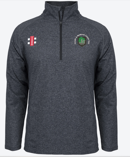 The Gray Nicolls Penallt & Redbrook CC Velocity Mid Layer is a dark grey quarter-zip, long sleeve pullover with moisture control, featuring the club crest on the left chest and a red-and-white sports logo on the right.