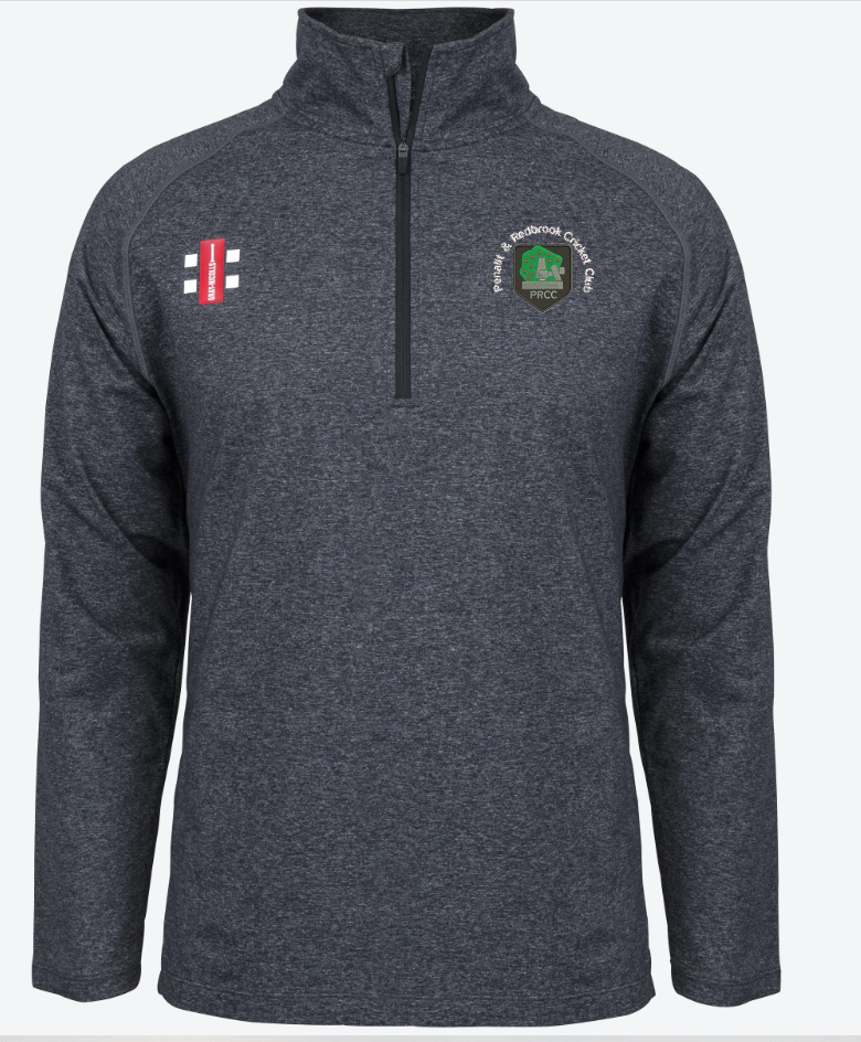 The Gray Nicolls Penallt & Redbrook CC Velocity Mid Layer is a dark grey quarter-zip, long sleeve pullover with moisture control, featuring the club crest on the left chest and a red-and-white sports logo on the right.