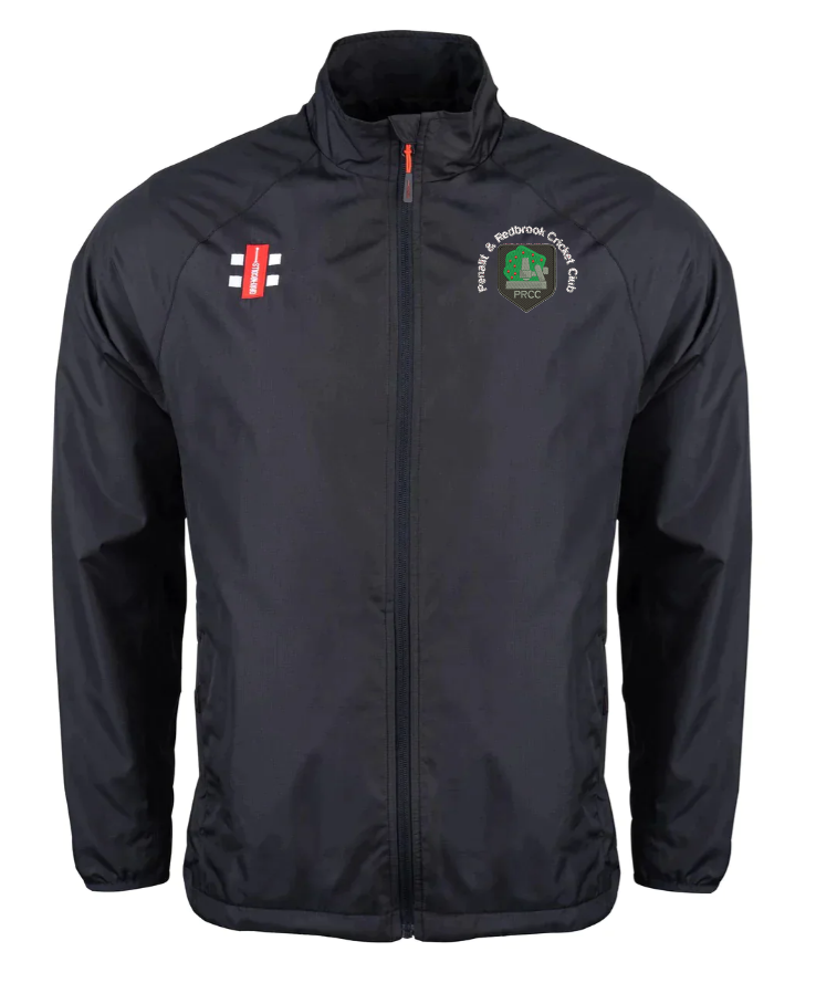 The Gray Nicolls Penallt & Redbrook CC Velocity Rain Jacket is black with a high collar, an embroidered cricket club logo on the left chest, a red and white emblem on the right, and water-repellent material to keep you dry.
