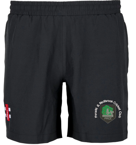 The Gray Nicolls Penallt & Redbrook CC Velocity Shorts are black cricket training shorts with an elastic waistband, featuring the PRCC embroidered logo on the left leg and a small red and white patch on the right.