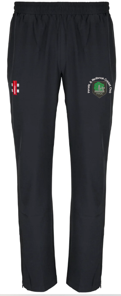 The Gray Nicolls Penallt & Redbrook CC Velocity Track Trouser features an elastic waistband, a red and white emblem on the left thigh, and a green and white cricket club logo on the right—perfect for cricket training.