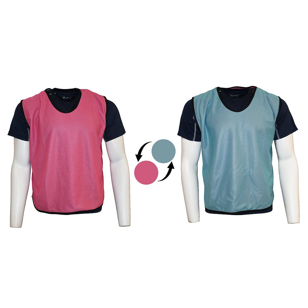 Two mannequins in black shirts display Precision Training Reversible Mesh Training Bibs for kids, made from double-layered polyester mesh; vests feature pink and light blue sides and arrows show they can be flipped to either color.