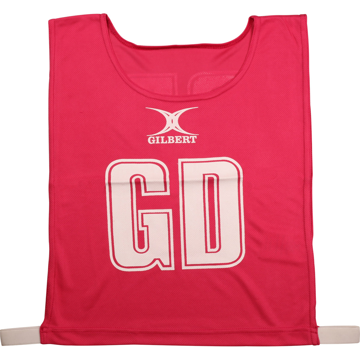 The Gilbert Netball Bibs in pink are made from breathable polyester, featuring bold white GD letters and the Gilbert logo on the front—ideal for your next netball game.