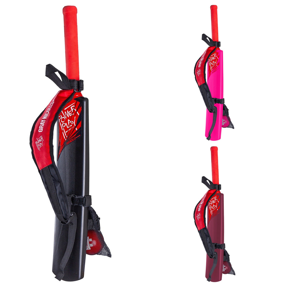 The Gray Nicolls PowerPlay Plastic Bat and Ball Set features three bats with red handles in black, pink, and maroon, each with a matching case and red ball—ideal for junior cricket games.