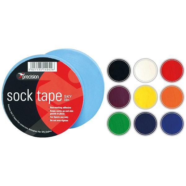 On the left is a roll of light blue Precision Training Sock Tape. On the right, a 10-pack of Precision Sock Tape 19mm in assorted colors (black, white, red, yellow, green, blue, navy, orange, purple) is displayed.