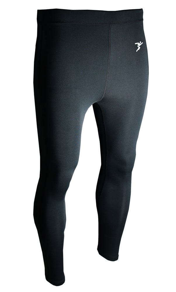 Precision Training Precision Essential Baselayer Leggings Junior in black. These plain, fitted leggings feature a small white logo on the upper left thigh and are made from smooth, stretchy material—ideal for cold weather sports and muscle recovery. Shown on white background.