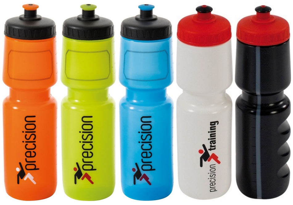 A 750ml Precision Water Bottle in black, featuring a screw top and Precision Training branding, is neatly displayed.