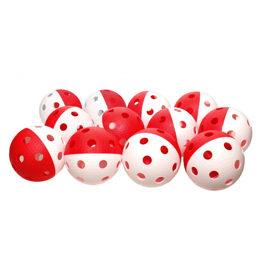 A set of twelve Eurohoc Floorball Precision Balls by Eurohoc, featuring a red and white half-and-half design with dimples, is displayed on a white background.