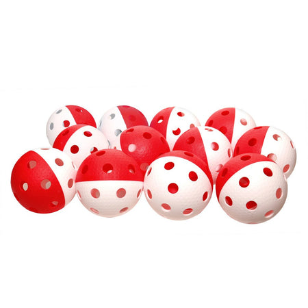 A set of twelve Eurohoc Floorball Precision Balls by Eurohoc, featuring a red and white half-and-half design with dimples, is displayed on a white background.
