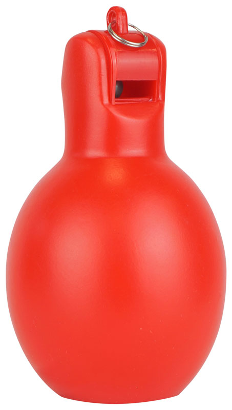 The Precision Training Precision Hand Whistle - Red is a red plastic coach whistle with a balloon or bowling pin shape and a metal ring for hygienic, hands-only use—no mouth contact needed.