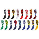 Eighteen pairs of Precision Training Precision Hooped Pro Football Socks Adult in black/amber, featuring knee-high design with horizontal stripes.