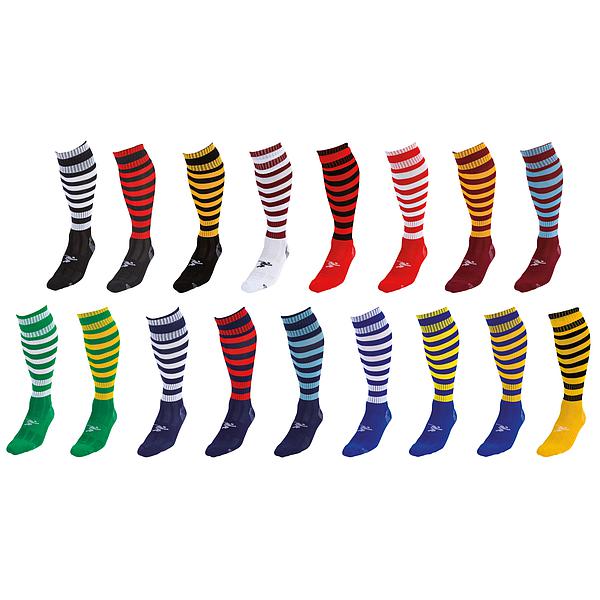 Eighteen pairs of Precision Training Precision Hooped Pro Football Socks Adult in black/amber, featuring knee-high design with horizontal stripes.