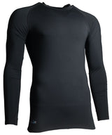 The Precision Training Precision Essential Baselayer Long Sleeve Shirt for adults is shown on a white background. This fitted, plain black shirt features a crew neckline and no visible logos, ideal for cold weather athletic use.