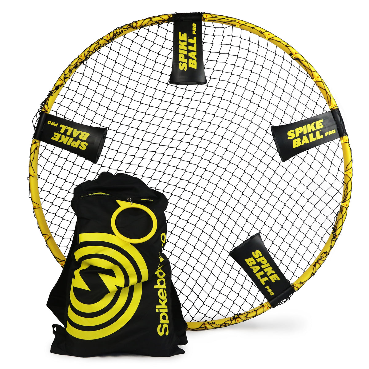 A round yellow Kankakee Spikeball Pro Set net with black netting and labeled pads stands upright, with a black and yellow Kankakee Spikeball carrying bag in front—ideal for competitive tournament play.