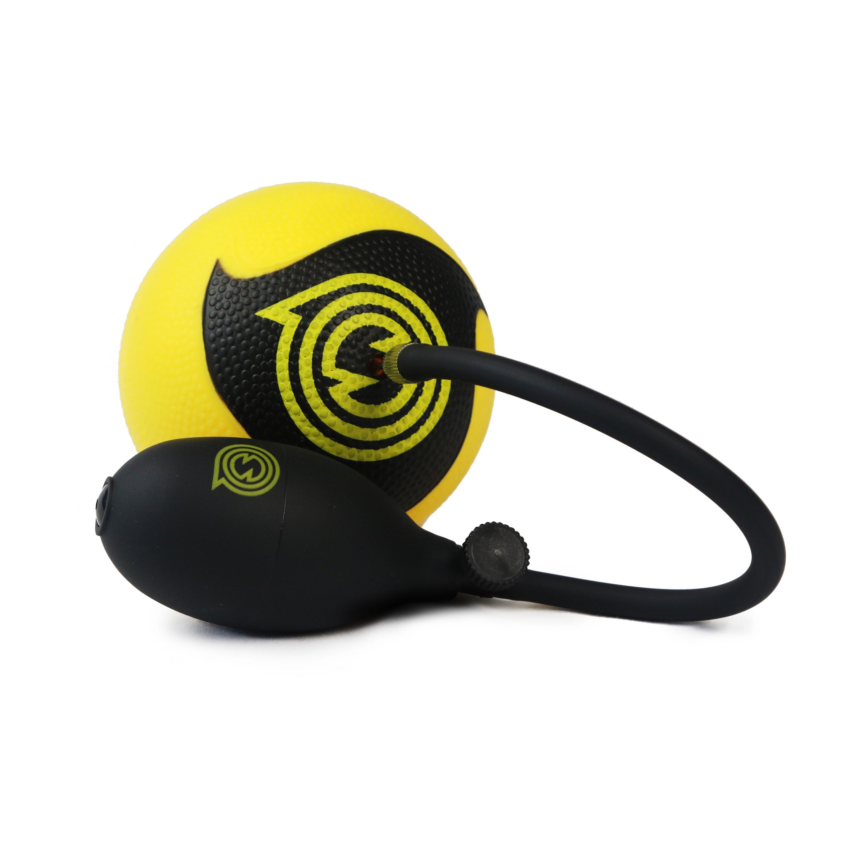 The Kankakee Spikeball Pro Set includes a yellow and black sports training ball and a black hand pump with tube, ideal for athletic drills and exercises.