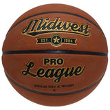 The Midwest Pro League Basketball by Midwest features brown leather with black and yellow "Midwest Pro League" text, "EST. 1984" above a star emblem, and “Official Size & Weight” visible at the bottom, shown on a white background.
