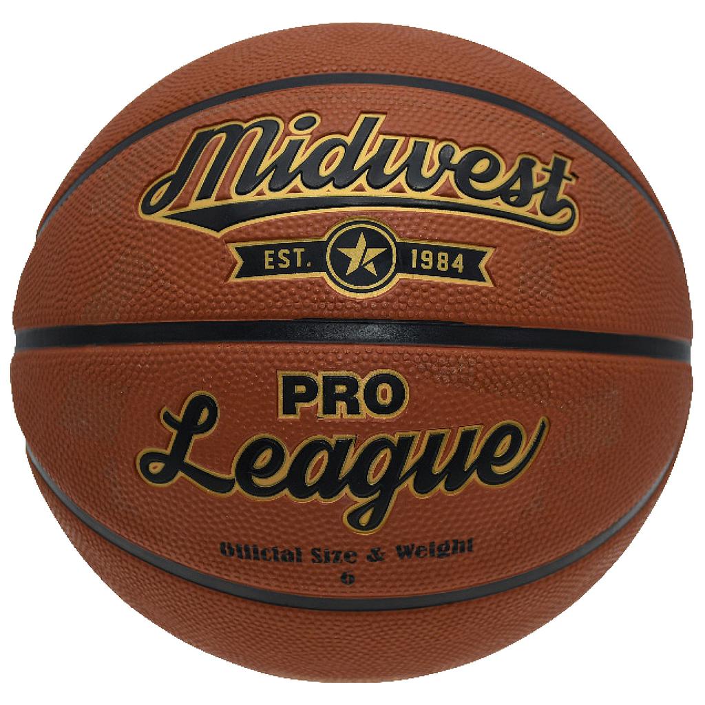 The Midwest Pro League Basketball by Midwest features brown leather with black and yellow "Midwest Pro League" text, "EST. 1984" above a star emblem, and “Official Size & Weight” visible at the bottom, shown on a white background.