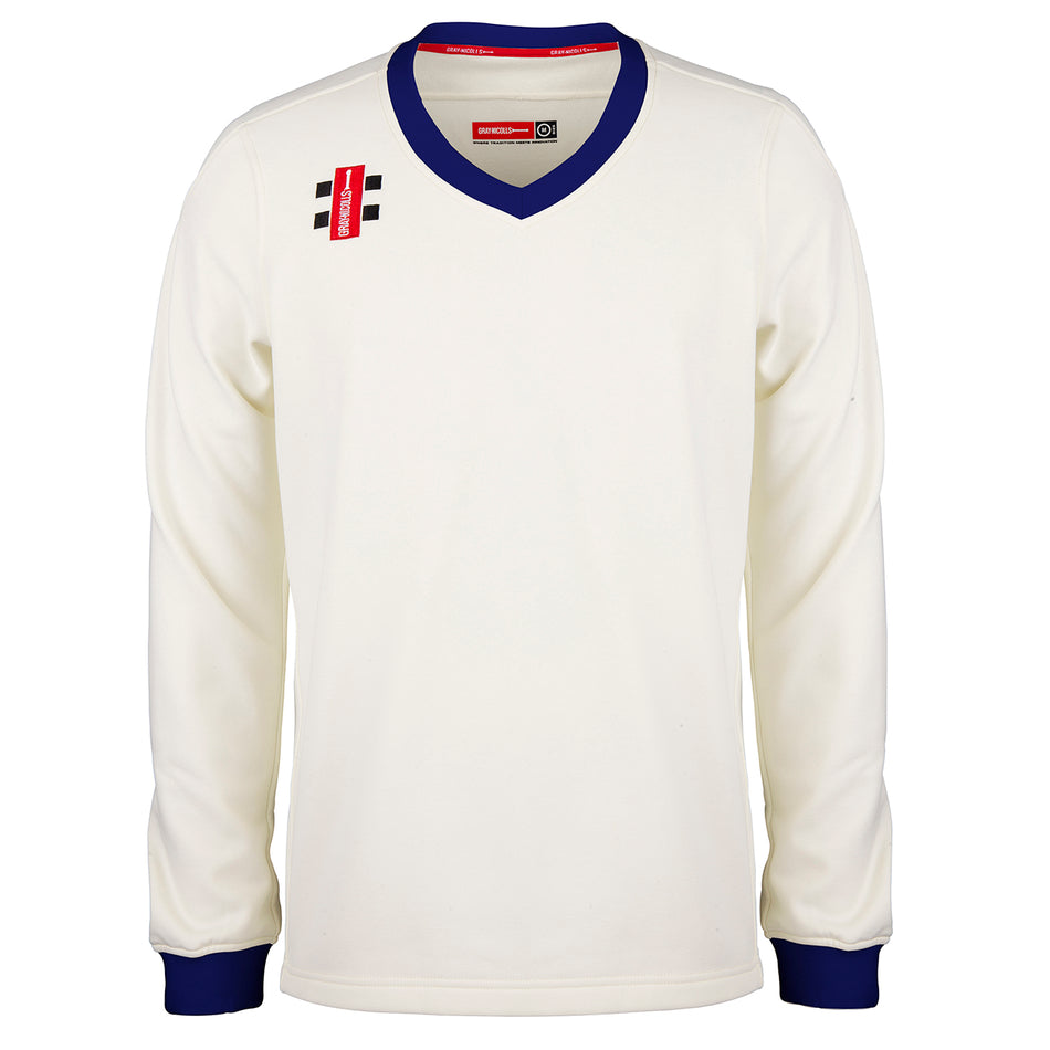 The Gray Nicolls Kempton CC Pro Performance Senior Sweater is off-white, long-sleeved, with a blue V-neck collar, blue cuffs, and two small red and black club logos on the upper chest.