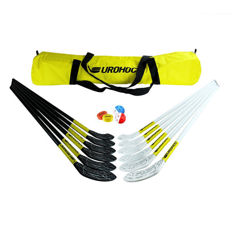 The Eurohoc Floorball Pro Set by Eurohoc features six black and six white sticks, two perforated balls (red and blue), two orange wristbands, and a yellow UROHOC bag—ideal for team games that build hand-eye coordination through active play.