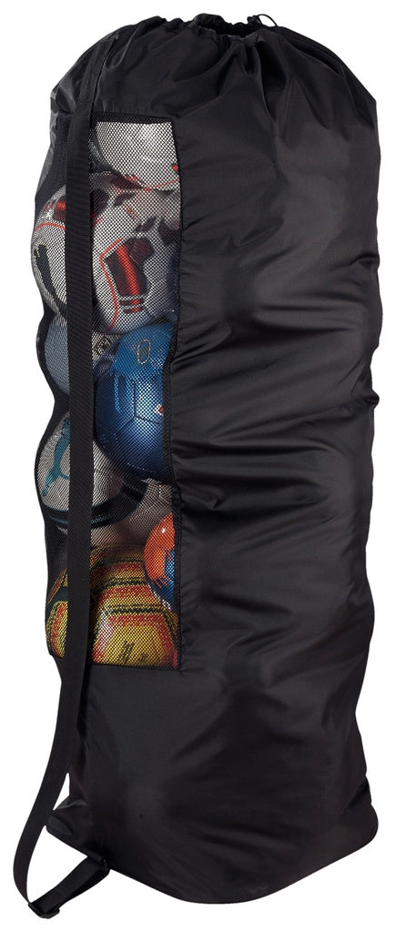 The Puma Team Ballsack - 16 Ball by Puma is a large black mesh bag that holds up to 16 balls, with sports balls like soccer and basketballs partially visible through its side mesh panel.