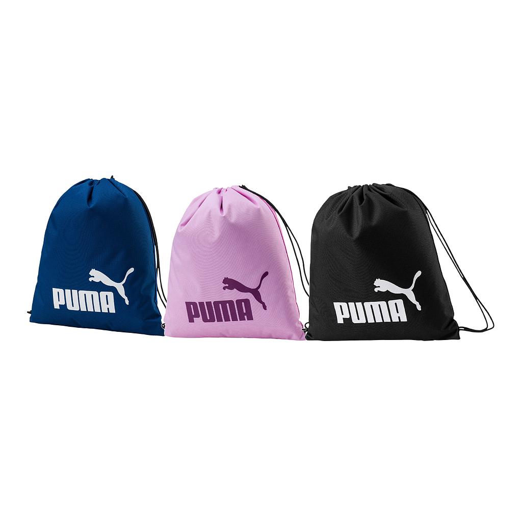 Three Puma Phase Gym Sacks in blue, pink, and black are displayed side by side. Each features the Puma logo—white on blue and black bags, purple on pink. These stylish drawstring sacks offer convenient storage for your gym essentials.