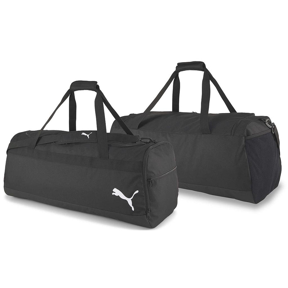 Two black Puma Team Goal 23 Teambag - Large bags with handles and shoulder straps are shown, each featuring the white Puma logo on the side. Their simple, sporty design makes them ideal for carrying sports gear.
