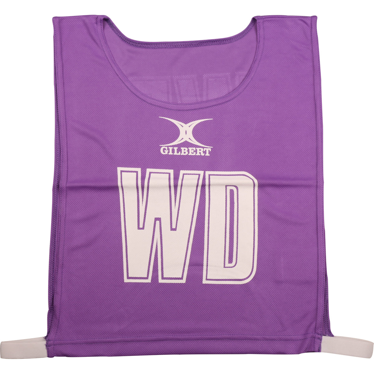 The Gilbert Netball Bibs by Gilbert in purple feature "WD" in bold white letters, made from breathable polyester for comfort—ideal for Wing Defence and perfect as part of a netball bibs set.