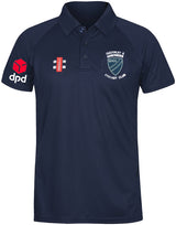 The Quedgeley & Hardwicke CC Matrix Polo Shirt by Gray Nicolls is a navy short-sleeve polo with a collar, club crest on the left chest, sponsor logos, and button neck detail—perfect for cricket club wear.