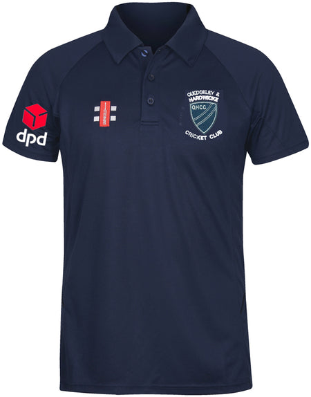 The Quedgeley & Hardwicke CC Matrix Polo Shirt by Gray Nicolls is a navy short-sleeve polo with a collar, club crest on the left chest, sponsor logos, and button neck detail—perfect for cricket club wear.
