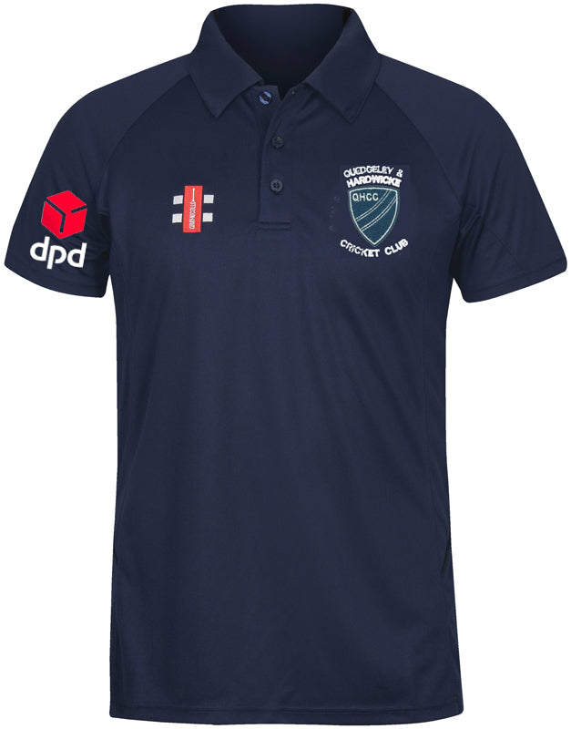 The Quedgeley & Hardwicke CC Matrix Polo Shirt by Gray Nicolls is a navy short-sleeve polo with a collar, club crest on the left chest, sponsor logos, and button neck detail—perfect for cricket club wear.
