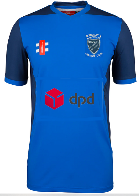 The Gray Nicolls Quedgeley & Hardwicke CC T20 Youth Cricket Shirt features blue/navy colors, white and red logos, a club shield badge, and a large dpd sponsor logo—perfect for ladies and youth cricket players.