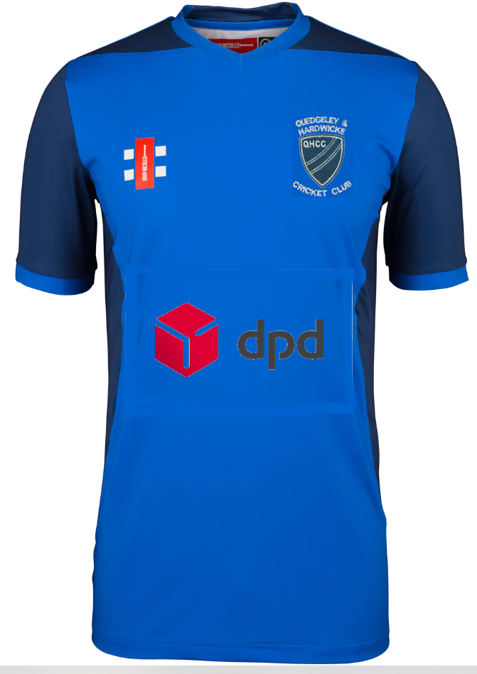 The Gray Nicolls Quedgeley & Hardwicke CC T20 Youth Cricket Shirt features blue/navy colors, white and red logos, a club shield badge, and a large dpd sponsor logo—perfect for ladies and youth cricket players.