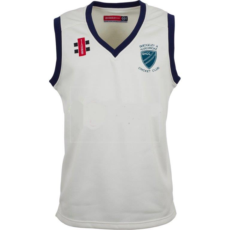 Sleeveless white Gray Nicolls Quedgeley & Hardwicke CC Pro Performance Slipover with dark blue trim, featuring the club crest on the left chest and two sponsor logos on the right—ideal for cricket matches or training.