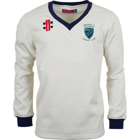 The Gray Nicolls Quedgeley & Hardwicke CC Pro Performance Sweater is a white, long-sleeved match top with navy cuffs and collar, featuring the club logo on the chest and two sponsor logos above it.