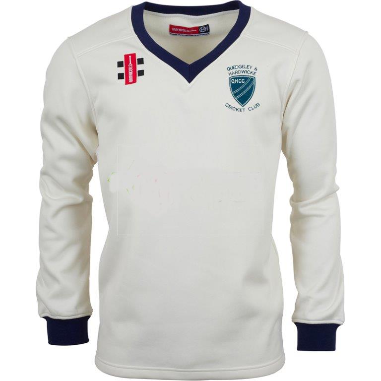 The Gray Nicolls Quedgeley & Hardwicke CC Pro Performance Sweater is a white, long-sleeved match top with navy cuffs and collar, featuring the club logo on the chest and two sponsor logos above it.