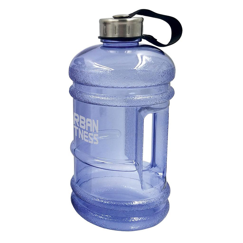 The Urban Fitness Quench 2.2L Water Bottle is a large, transparent blue BPA-free jug with a built-in handle, black strap-attached silver screw cap, and the Urban Fitness logo partially visible on the side.