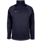 The Grays Mens Questa Fleece is a navy long-sleeve pullover with a quarter-zip front, gray trim, and high collar. It features antipilling performance fleece, relaxed fit, and the Grays logo on the chest in orange/white.