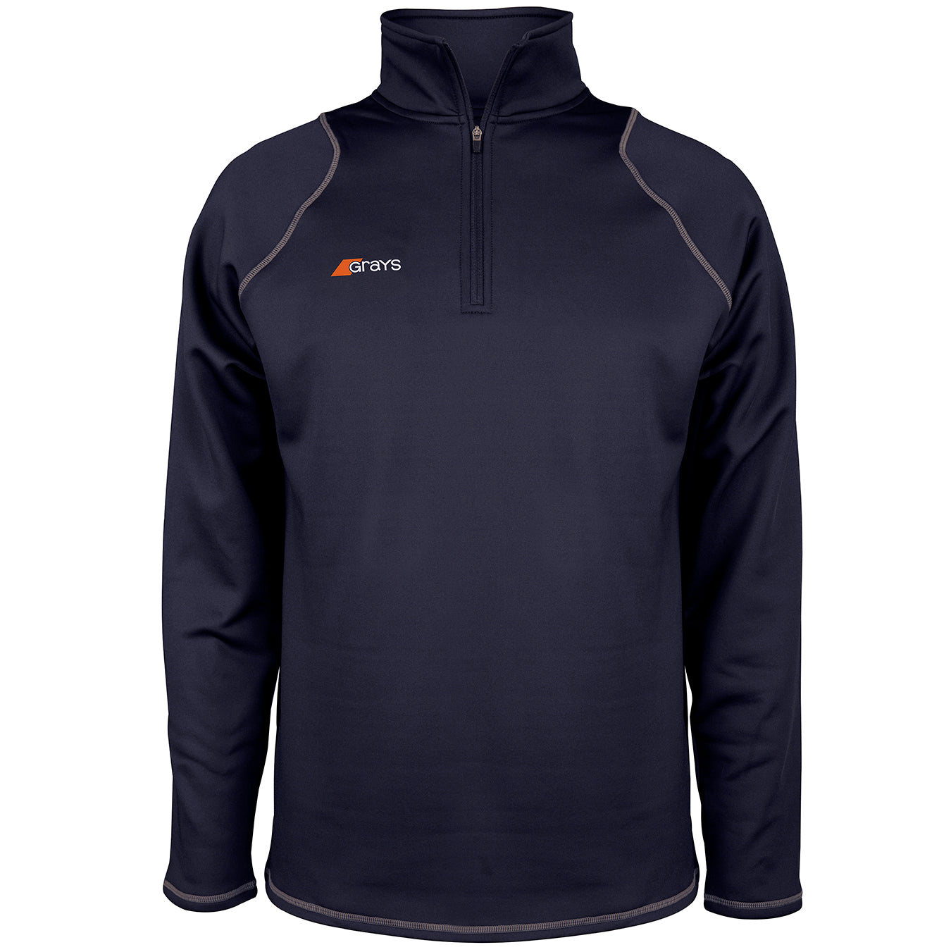 The Grays Mens Questa Fleece is a navy long-sleeve pullover with a quarter-zip front, gray trim, and high collar. It features antipilling performance fleece, relaxed fit, and the Grays logo on the chest in orange/white.