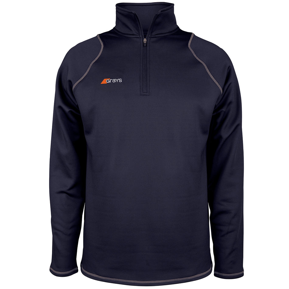 The Grays Mens Questa Fleece is a navy long-sleeve pullover with a quarter-zip front, gray trim, and high collar. It features antipilling performance fleece, relaxed fit, and the Grays logo on the chest in orange/white.