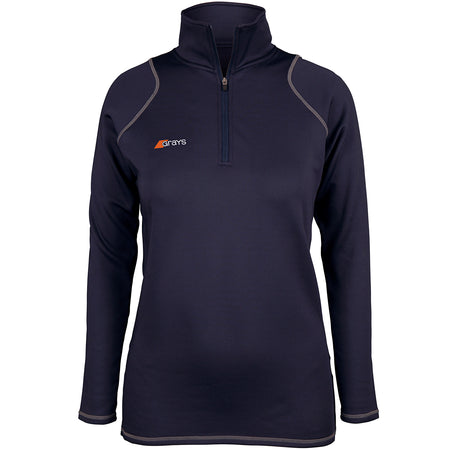 The Grays Ladies Questa 1/4 Zip Fleece is a navy blue, long-sleeve athletic pullover with gray seams, performance fleece fabric, and a quarter-zip front. The Grays logo is embroidered on the left chest in white and orange.