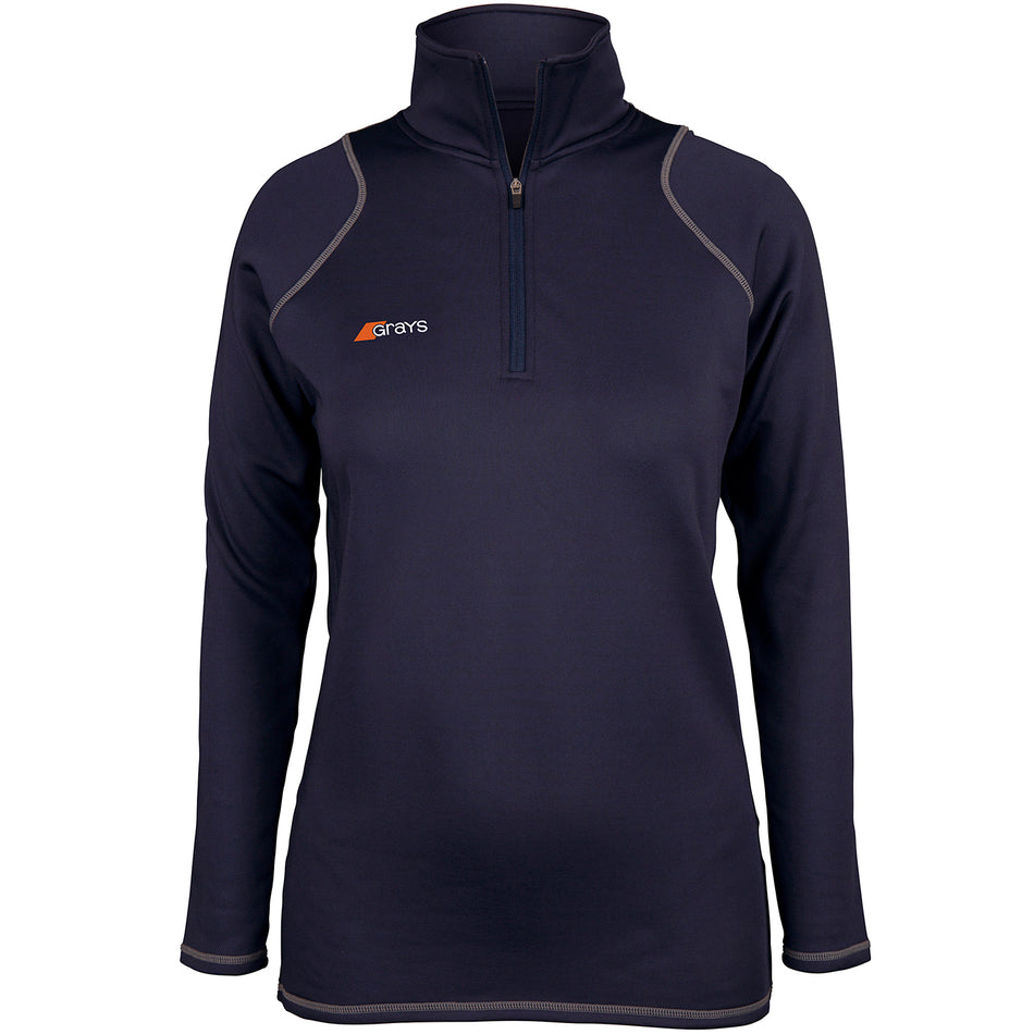The Grays Ladies Questa 1/4 Zip Fleece is a navy blue, long-sleeve athletic pullover with gray seams, performance fleece fabric, and a quarter-zip front. The Grays logo is embroidered on the left chest in white and orange.