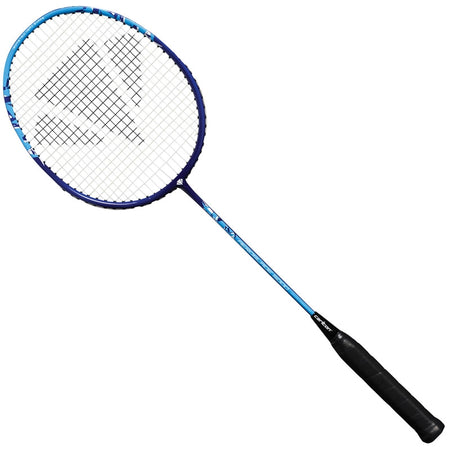 The Carlton Aeroblade 5000 Badminton Racket is a lightweight composite racket with an isometric head, blue and black frame, black grip, and stringed oval design, shown against a white background.