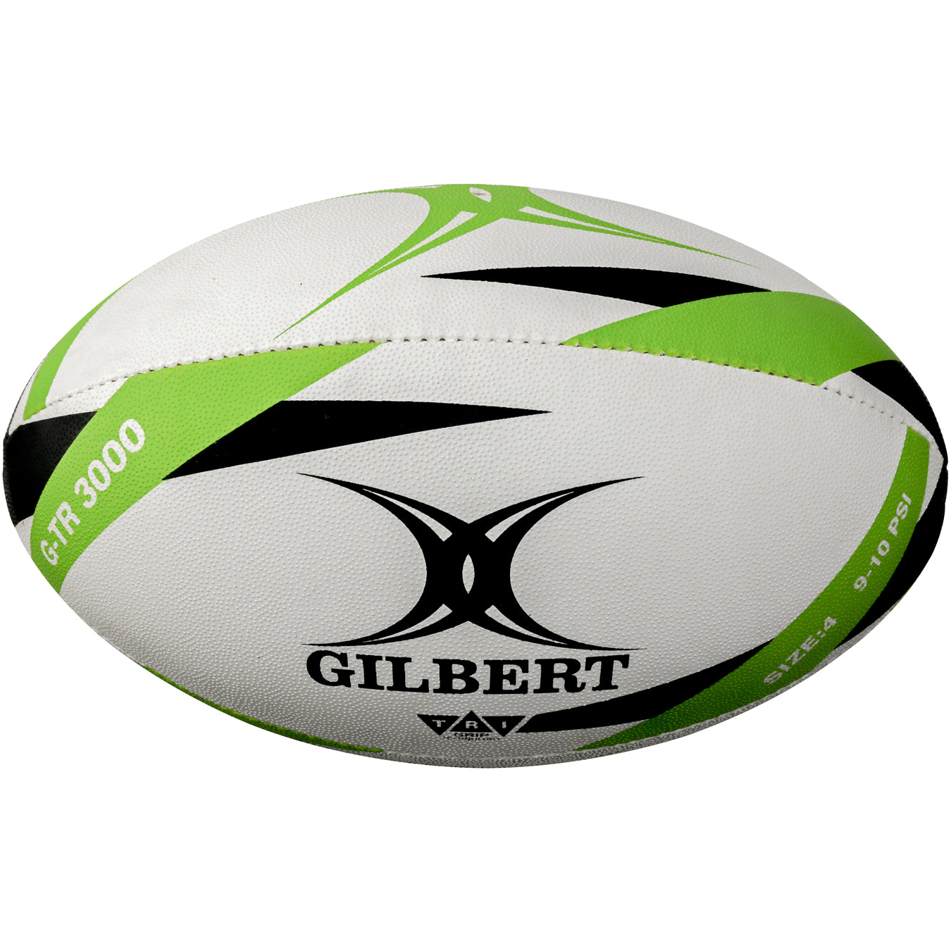 The Gilbert G-TR3000 Training Ball is a white trainer rugby ball with green and black curved patterns, durable rubber surface, and features the Gilbert brand name and logo.
